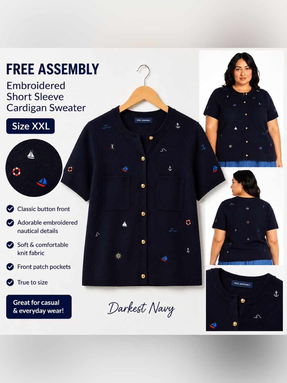 Free Assembly Darkest Navy Embroidered Short Sleeve Cardigan Sweater